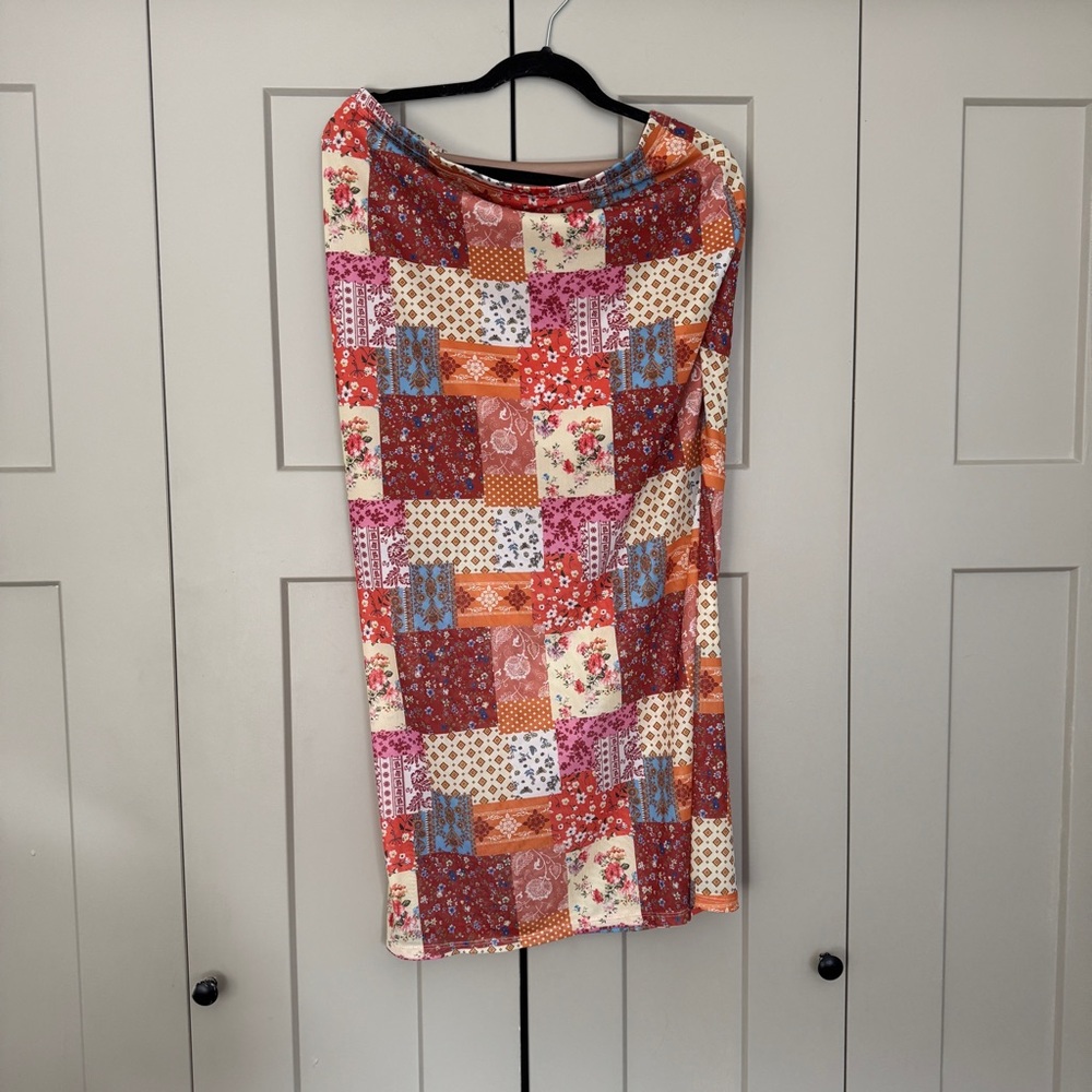 Patchwork Floral Bodycon Midi Skirt | Boho Vintage Style | Size XL